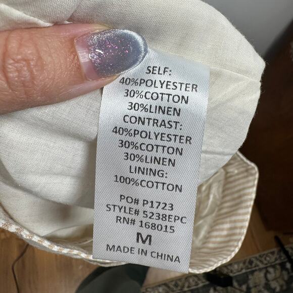 Elle Grey Short Women M White Tan Stripe Linen Blend Pocket Coastal Quite Luxury - Picture 7 of 9